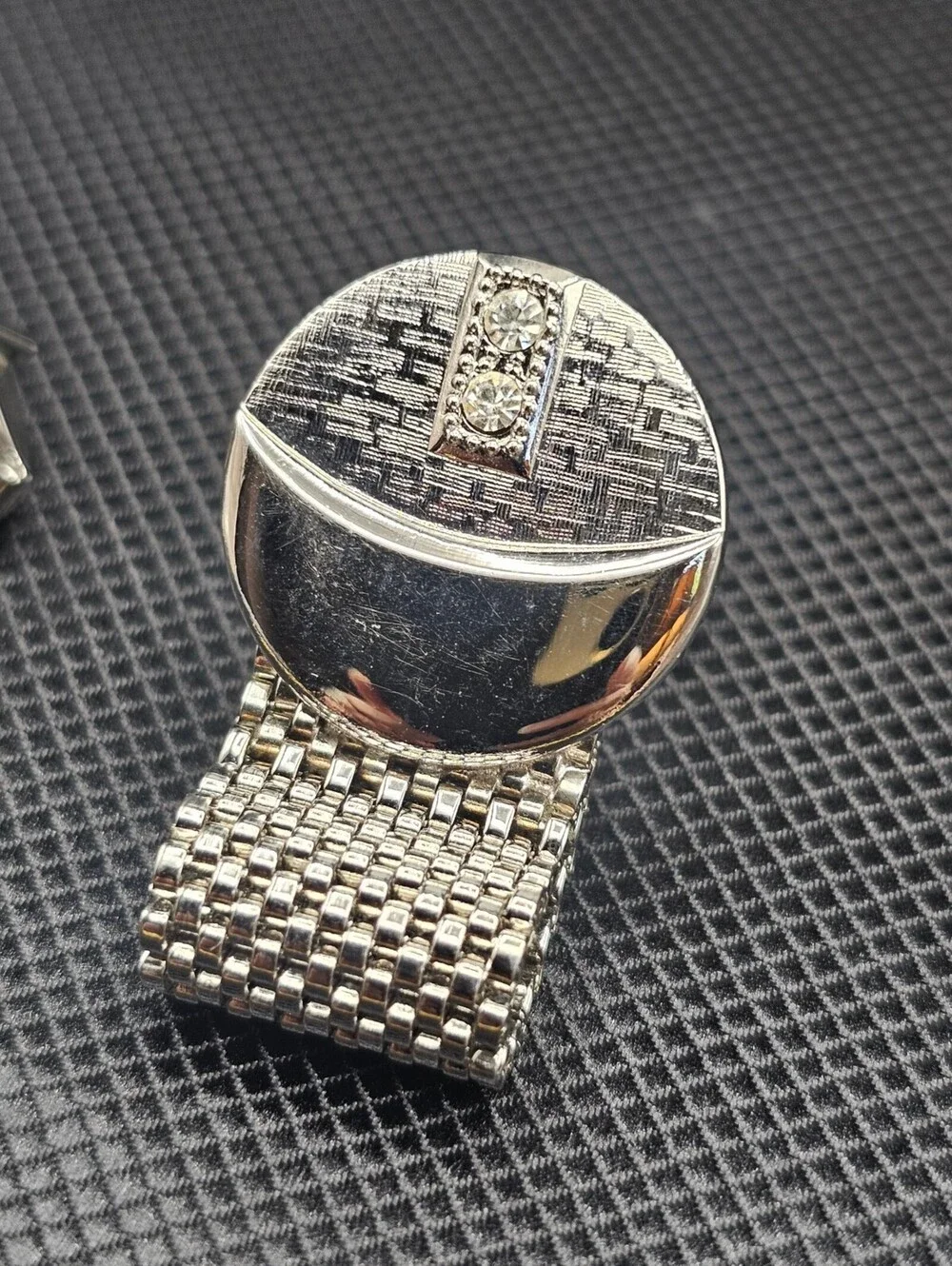 Vintage Silver Tone Cufflinks with Rhinestone Accents and Mesh Detailing